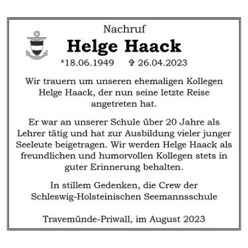 Nachruf für den Kollegen Helge Haack